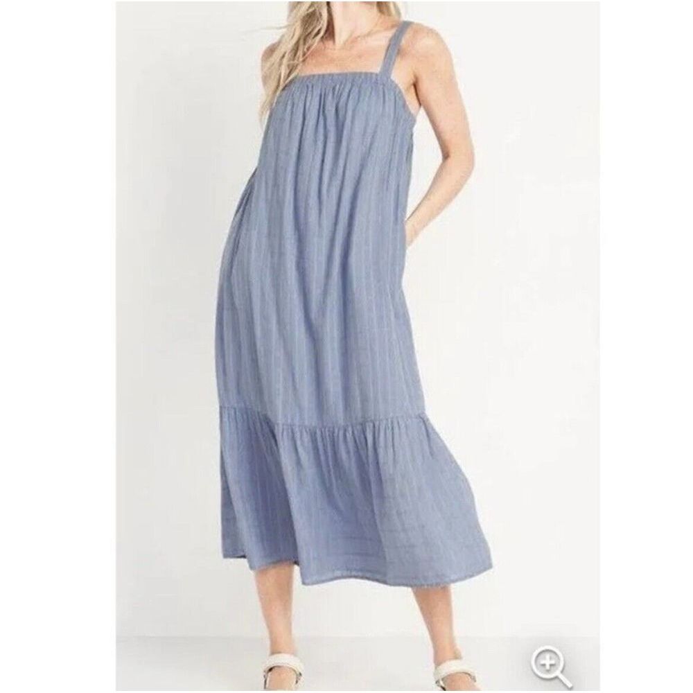 Old‎ Navy Tiered Smocked Peasant Dress Maxi Midi L Blue Cotton Tie Back Pockets